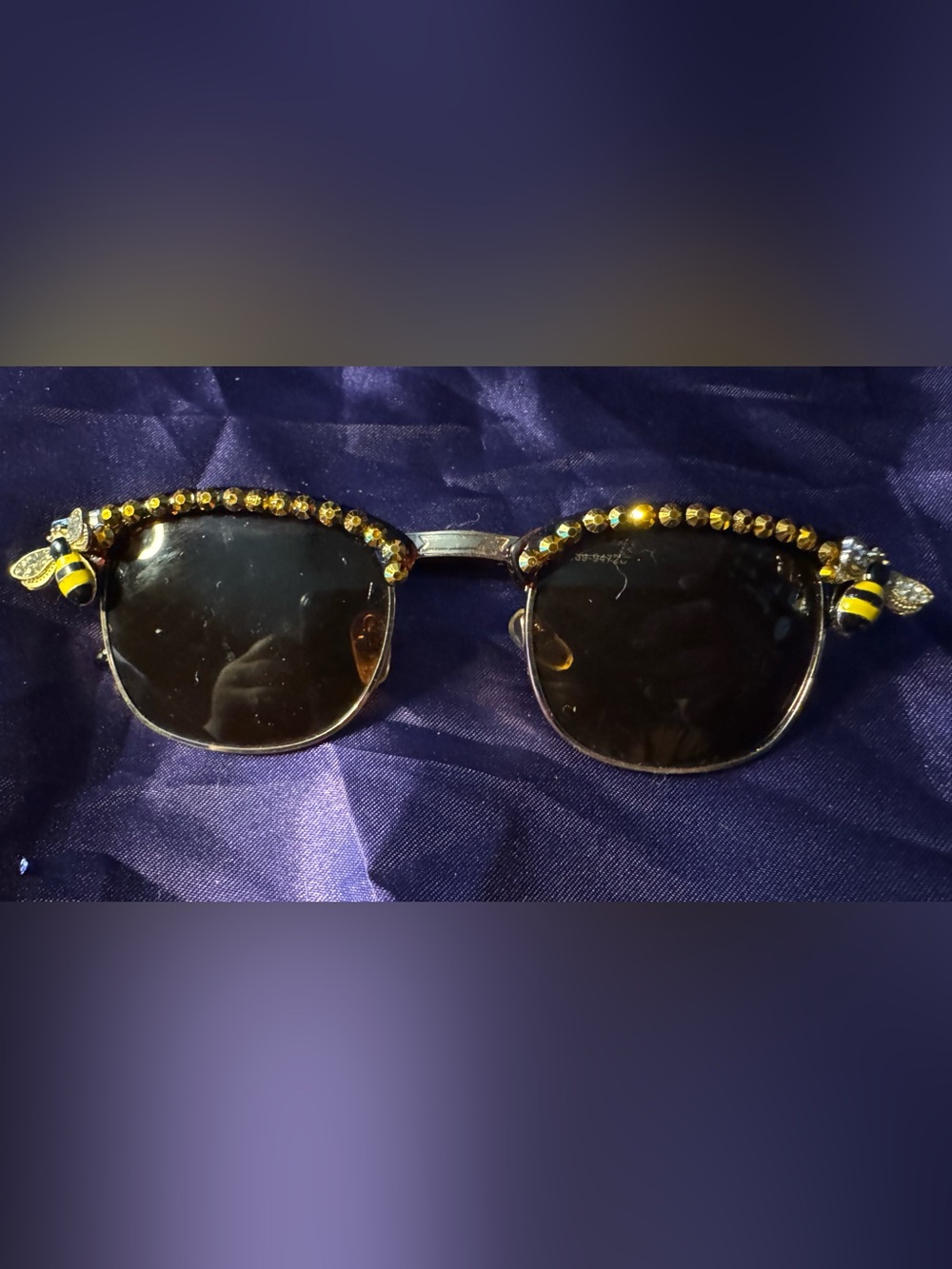 Embellished Crystal Brow Sunglasses - Gold and bumble bee Accents